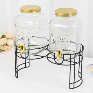 2-Pack Clear Glass Beverage Dispenser Stand 2-Gallon, Dual Juice Jars with Gold Metal Lids and Spigot - Convenient Serving Feature